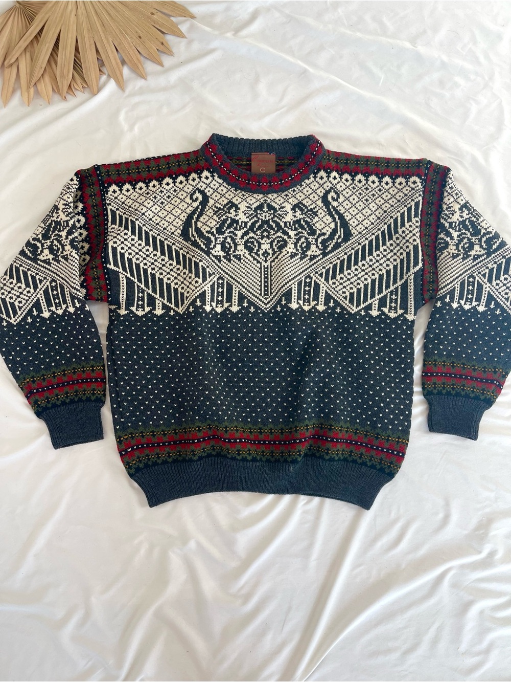 Vintage Christiania Sweaters Pure New Wool Nordic Fair Isle Grey Red Sweater XXL